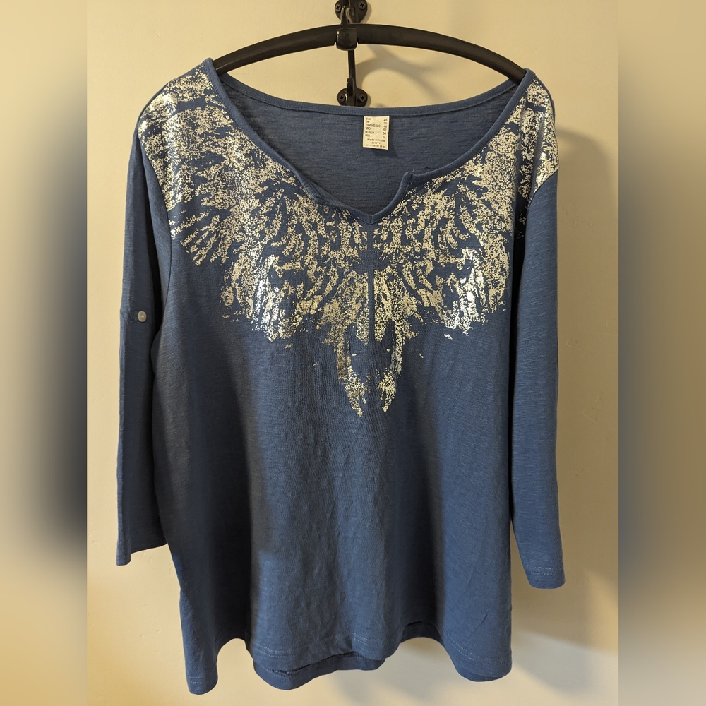 NWOT - Blouse Blue with Silver design 24" length, 18-1/2" pit to pit